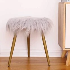 Glzifom Faux Fur Vanity Stool Chair, Fuzzy Fluzzy Round Ottoman, Covered Makeup Seat With Gold Metal Legs Upholstered Footrest Decorative For Living Room, Bedroom, Kids Room Gray