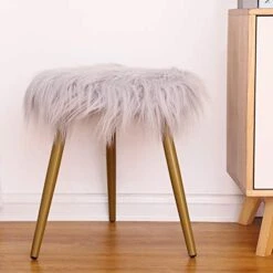 Glzifom Faux Fur Vanity Stool Chair, Fuzzy Fluzzy Round Ottoman, Covered Makeup Seat With Gold Metal Legs Upholstered Footrest Decorative For Living Room, Bedroom, Kids Room Gray -Best Furniture Store 41PDim8bjXL. AC