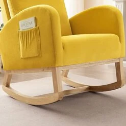 Setawix Rocking Chair For Nursery, Midcentury Modern Accent Rocker Armchair With Side Pocket, Upholstered High Back Wooden Rocking Chair For Living Room Baby Room Bedroom (Yellow - Velvet) -Best Furniture Store 41PUckZy1KL