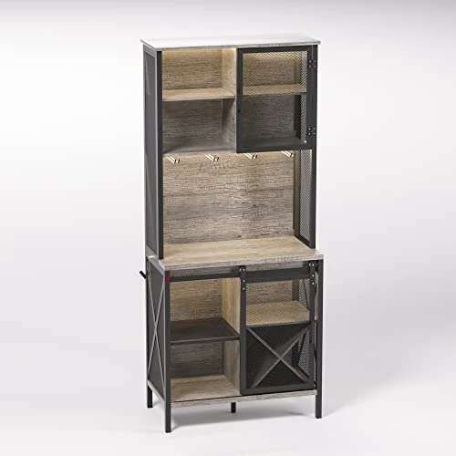 QNICE 71" LED Lights Industrial Bar Cabinet/Dining Room Hutch With Sliding Barn Door/Freestanding Liquor Pantry With Wine Rack/Rustic Oak 4 QNICE 71" LED Lights Industrial Bar Cabinet/Dining Room Hutch With Sliding Barn Door/Freestanding Liquor Pantry With Wine Rack/Rustic Oak - Image 4