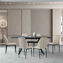 Jiexi Extendable Dining Table Set For 6-8, Rectangular MDF Slate Stone Color Top With 6 Faux Leather Dining, Modern Kitchen Table With Extension Leaf, Extendable 55'' To 71'' For Kitchen Restaurant 29 Jiexi Extendable Dining Table Set For 6-8, Rectangular MDF Slate Stone Color Top With 6 Faux Leather Dining, Modern Kitchen Table With Extension Leaf, Extendable 55'' To 71'' For Kitchen Restaurant -Best Furniture Store 41PbTT8yWZL. AC