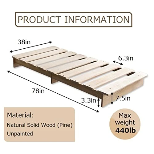 EMOOR Wood Slatted Low Platform Bed Frame KAN SUNOKO Twin For Japanese Futon Mattress Solid Pine (Unpainted), Floor Sleep Tatami Mat 2 EMOOR Wood Slatted Low Platform Bed Frame KAN SUNOKO Twin For Japanese Futon Mattress Solid Pine (Unpainted), Floor Sleep Tatami Mat - Image 2