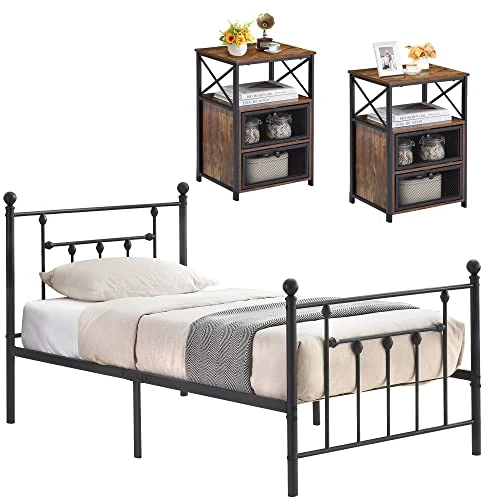Twin Bed Frame And Versatile Nightstands Set Of 2, Platform With Headboard,Night Stands Side End Tables With Storage Drawers For Bedroom, Living Room, Easy Assemble, Black+Brown 1 Twin Bed Frame And Versatile Nightstands Set Of 2, Platform With Headboard,Night Stands Side End Tables With Storage Drawers For Bedroom, Living Room, Easy Assemble, Black+Brown