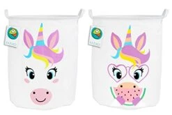 KAZULO Unicorn Hamper Set, Large Round Unicorn Laundry Basket, Kids Laundry Basket Set, Kids Hamper, Toy Storage, 2 Bin (Watermelon Unicorn Bundle)