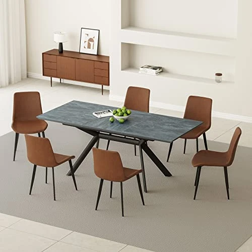 Jiexi Extendable Dining Table Set For 6-8, Rectangular MDF Slate Stone Color Top With 6 Faux Leather Dining, Modern Kitchen Table With Extension Leaf, Extendable 55'' To 71'' For Kitchen Restaurant 5 Jiexi Extendable Dining Table Set For 6-8, Rectangular MDF Slate Stone Color Top With 6 Faux Leather Dining, Modern Kitchen Table With Extension Leaf, Extendable 55'' To 71'' For Kitchen Restaurant - Image 5