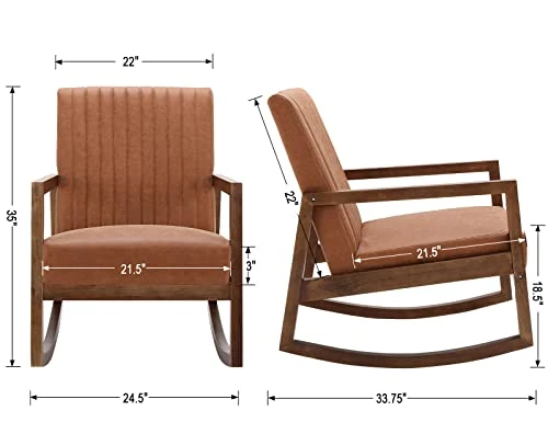 HNY Mid Century Rocking Nursery Chair With Wood Frames, Faux Leather Upholstered Farmhouse Living Room Armchair, For Living Room Bedroom, Light Brown 6 HNY Mid Century Rocking Nursery Chair With Wood Frames, Faux Leather Upholstered Farmhouse Living Room Armchair, For Living Room Bedroom, Light Brown - Image 6
