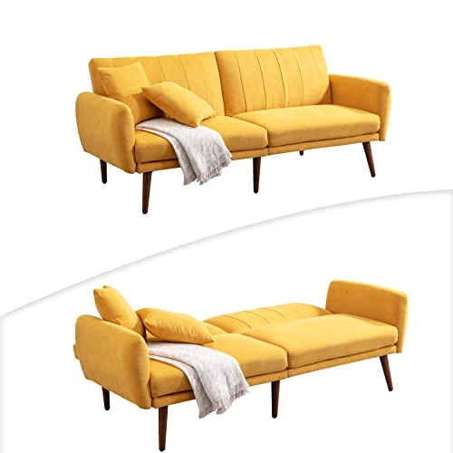 BNEHS Convertible Sofa Bed With Adjustable Backrest,Futon Loveseat Couch Bed With Wooden Frame & Leg - Modern Sleeper Sofa With Storage For Small Living Room,Dorm,Studio(Yellow) 1 BNEHS Convertible Sofa Bed With Adjustable Backrest,Futon Loveseat Couch Bed With Wooden Frame & Leg - Modern Sleeper Sofa With Storage For Small Living Room,Dorm,Studio(Yellow)