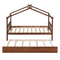 JIVOIT Twin Size House Platform Bed With Twin Size Trundle, Wooden House Bed Daybed With Roof Design And 2 Headboards, House-Shaped Canopy Bed For Kids Teens Boys Girls (Walnut-Twin-Trundle 011) 17 JIVOIT Twin Size House Platform Bed With Twin Size Trundle, Wooden House Bed Daybed With Roof Design And 2 Headboards, House-Shaped Canopy Bed For Kids Teens Boys Girls (Walnut-Twin-Trundle 011) -Best Furniture Store 41Qtk2xZPuL