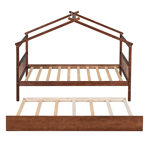 JIVOIT Twin Size House Platform Bed With Twin Size Trundle, Wooden House Bed Daybed With Roof Design And 2 Headboards, House-Shaped Canopy Bed For Kids Teens Boys Girls (Walnut-Twin-Trundle 011) 3 JIVOIT Twin Size House Platform Bed With Twin Size Trundle, Wooden House Bed Daybed With Roof Design And 2 Headboards, House-Shaped Canopy Bed For Kids Teens Boys Girls (Walnut-Twin-Trundle 011) - Image 3
