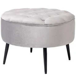BIRDROCK HOME Tufted Round Grey Ottoman – Velvet Foot Stool – Mid Century Modern Steel Legs - Soft Compact Padded Stool - Living Room Or Bedroom – Vanity Chair - Decorative Furniture