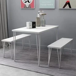 LZ LEISURE ZONE 3-Piece Dining Table Set, Rustic Farmhouse Wooden Kitchen Table With Two Benches, Thick Table/Bench Top With Iron Frame For 4, Faxu Marble White+Gold Frame -Best Furniture Store 41R x8c38EL. AC