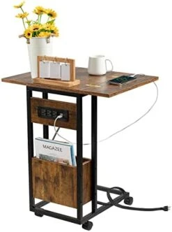 Hadulcet Sofa Side Table, Foldable End Table With Storage Basket, C Shaped Table With Wheels For Living Room Bedroom Small Spaces, Rustic Brown -Best Furniture Store 41R7pwluxKL. AC