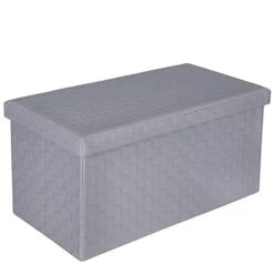 B FSOBEIIALEO Folding Storage Ottoman, Faux Leather Footrest Seat Seat Long Ottomans Storage Box Chest, Grey 30"x15"x15"