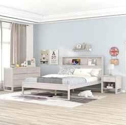 3-Piece Bedroom Sets King Size Platform Bed Frame With Headboard, Nightstand And 6-Drawer Dresser, Solid Rubber Wood King Bedroom Set For Kids Teens Adults, Milky White -Best Furniture Store 41REf209H1L. AC