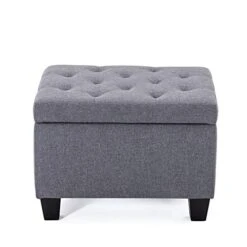 BELLEZE 24 Inch Modern Tufted Bedroom Storage Ottoman Bench, Linen Lift Top Upholstered Foam Padded Rectangular Footstool, Easy Assemble Furniture - Jay (Gray)