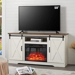 AMERLIFE Fireplace TV Stand Sliding Barn Door Wood Entertainment Center With A 23'' Electric Fireplace Insert, Modern Farmhouse Storage Cabinet Console For TVs Up To 65", Distressed White & Barnwood -Best Furniture Store 41RNj5cWdAL. AC