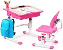GLACER Kids Desk And Chair Set, Height Adjustable Children Study Writing Desk Set W/Tilted Desktop, Storage Drawer & Metal Hook, Ergonomic Student School Desk Chair Set For 3-14 Years Old (Pink) -Best Furniture Store 41RQ2UpYWQL. AC