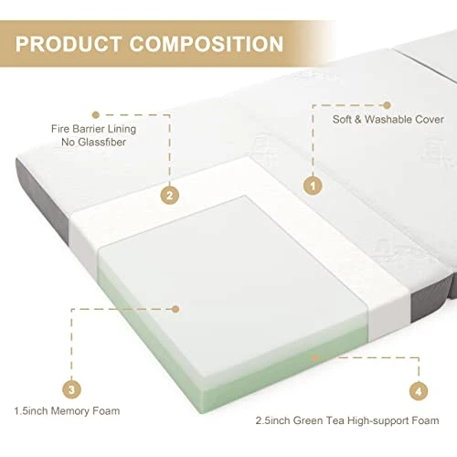 Folding Mattress, 4 Inch Memory Foam Tri-fold Mattress With Breathable & Washable Bamboo Fiber Fabric Cover, Foldable Floor Mattress Guest Bed For Camping, Road Trip, Single 2 Folding Mattress, 4 Inch Memory Foam Tri-fold Mattress With Breathable & Washable Bamboo Fiber Fabric Cover, Foldable Floor Mattress Guest Bed For Camping, Road Trip, Single - Image 2