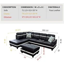 A Ainehome Sectional Couch Set L Shape 103" Wide Sofa Faux Leather For Living Room With Chaise Lounge And Removable Ottoman For Home Furniture Room Decor (Left Hand Facing,Black) -Best Furniture Store 41RlbBzy6aL