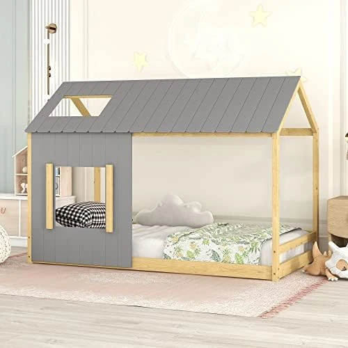 HZSSDTKJ Twin Size Low Wood House Bed With Roof And Window,Wooden Floor Platform Bed Frame With Wood Slats Support,Playhouse Design For Kids Girls Boys Teens Bedroom Furniture (Gray+Natural, Twin) 10 HZSSDTKJ Twin Size Low Wood House Bed With Roof And Window,Wooden Floor Platform Bed Frame With Wood Slats Support,Playhouse Design For Kids Girls Boys Teens Bedroom Furniture (Gray+Natural, Twin) - Image 10