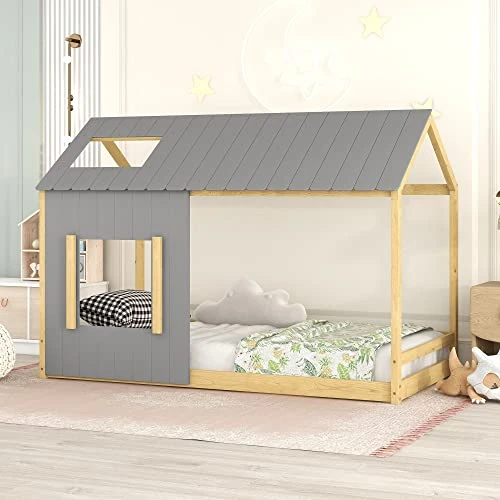 HZSSDTKJ Twin Size Low Wood House Bed With Roof And Window,Wooden Floor Platform Bed Frame With Wood Slats Support,Playhouse Design For Kids Girls Boys Teens Bedroom Furniture (Gray+Natural, Twin) 1 HZSSDTKJ Twin Size Low Wood House Bed With Roof And Window,Wooden Floor Platform Bed Frame With Wood Slats Support,Playhouse Design For Kids Girls Boys Teens Bedroom Furniture (Gray+Natural, Twin)