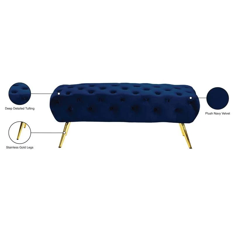 Meridian Furniture Amara Collection Modern | Contemporary Navy Velvet Upholstered Bench With Deep Button Tufting, Stainless Steel Legs With Gold Finish, 48" W X 20.5" D X 19" H, 4 Meridian Furniture Amara Collection Modern | Contemporary Navy Velvet Upholstered Bench With Deep Button Tufting, Stainless Steel Legs With Gold Finish, 48" W X 20.5" D X 19" H, - Image 4