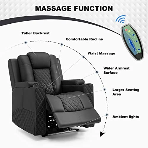 Power Recliner Chair, Electric Massage Recliner Sofa With Cup Holders And LED Lighting, PU Leather Reclining Chair For Living Room, Home Theater Seating(Black) 2 Power Recliner Chair, Electric Massage Recliner Sofa With Cup Holders And LED Lighting, PU Leather Reclining Chair For Living Room, Home Theater Seating(Black) - Image 2