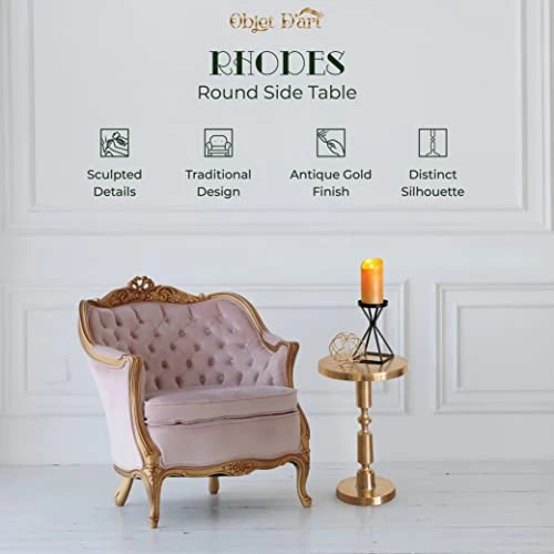 Small Round Gold Side Table By Objet D’Art, Rhodes, Accent, End, Pedestal, Martini, Drink Table For Living Room Or Nightstand For Bedroom And Small Spaces, Vintage Metal Brass Style Decor, 21” Height 2 Small Round Gold Side Table By Objet D’Art, Rhodes, Accent, End, Pedestal, Martini, Drink Table For Living Room Or Nightstand For Bedroom And Small Spaces, Vintage Metal Brass Style Decor, 21” Height - Image 2