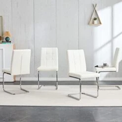 Glass Dining Table Set Of 4, 51'' Modern Rectangular Kitchen Table, Transparent Glass Top And 4 Faux Leather High Back Dining Chairs Armless Dining Chairs, With Chrome Metal Stand(White Chairs) -Best Furniture Store 41U7XPD0tvL