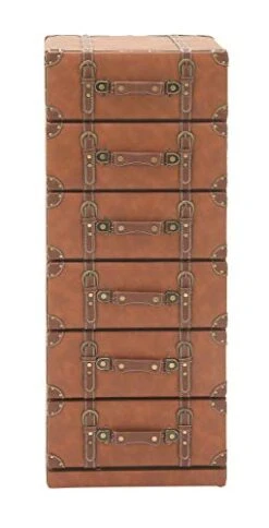 Wood Faux Leather 6 Drawer Chest With Buckle And Strap Detailing, 16" X 13" X 42", Brown