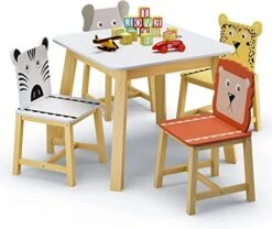 CUANBOZAM Kids Table And Chairs Set, Wooden Table Suitable For Aged 3-8, Play Table With Animal Themed Chairs For Drawing Reading Arts Crafts Snack Time, Idea Boys Girls Playroom School Home Daycare