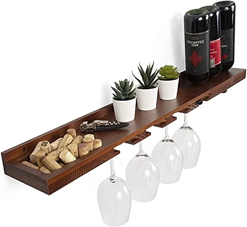 Rustic State Molise Wall Mount Wood Floating Wine Rack Stemware Holder Glassware Shelf Cork Storage Organizer For 3 Bottles And 4 Glasses - Home, Kitchen, Dining Room Bar Décor - Walnut 1 Rustic State Molise Wall Mount Wood Floating Wine Rack Stemware Holder Glassware Shelf Cork Storage Organizer For 3 Bottles And 4 Glasses - Home, Kitchen, Dining Room Bar Décor - Walnut