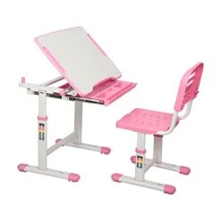 Diroan Kids Multifunctional Desk And Chair Set, Height Adjustable Children School Study Desk With Tilt Desktop, Metal Hook And Storage Drawer For Boys Girls (Pink)