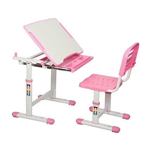 Diroan Kids Multifunctional Desk And Chair Set, Height Adjustable Children School Study Desk With Tilt Desktop, Metal Hook And Storage Drawer For Boys Girls (Pink) 1 Diroan Kids Multifunctional Desk And Chair Set, Height Adjustable Children School Study Desk With Tilt Desktop, Metal Hook And Storage Drawer For Boys Girls (Pink)