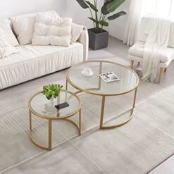 Round Nesting Coffee Table Set Of 2, Modern Side Tables With Sturdy Metal Frame And Tempered Glass, Minimalist End Table, Cocktail Table For Dining Room, Living Room, Home Decor (Gold) 11 Round Nesting Coffee Table Set Of 2, Modern Side Tables With Sturdy Metal Frame And Tempered Glass, Minimalist End Table, Cocktail Table For Dining Room, Living Room, Home Decor (Gold) -Best Furniture Store 41V YuJXf L. AC