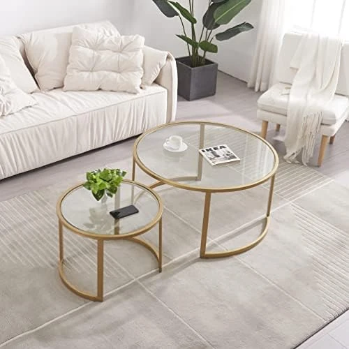 Round Nesting Coffee Table Set Of 2, Modern Side Tables With Sturdy Metal Frame And Tempered Glass, Minimalist End Table, Cocktail Table For Dining Room, Living Room, Home Decor (Gold) 6 Round Nesting Coffee Table Set Of 2, Modern Side Tables With Sturdy Metal Frame And Tempered Glass, Minimalist End Table, Cocktail Table For Dining Room, Living Room, Home Decor (Gold) - Image 6