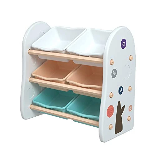 MengK Wooden Kids' Toy Storage Organizer With 6 Plastic Bins,White Color 2 MengK Wooden Kids' Toy Storage Organizer With 6 Plastic Bins,White Color - Image 2