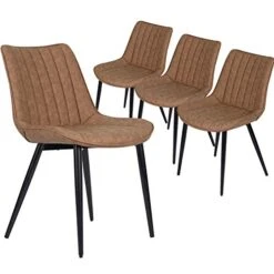 HOMHUM 4 PCS Faux Leather Dining Chairs, Mid Century Modern Leisure Upholstered Chair With Metal Legs For Kitchen Living Room Brown