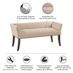 Madison Park Welburn Upholstered Tufted Entryway Accent Bench With Back, Nailhead Trim, And Padded Seat Mid-Century Modern Fabric Ottoman For Bedroom Furniture, 49.5" W X 19.25" D X 23" H, Tan -Best Furniture Store 41VY7JR65zL