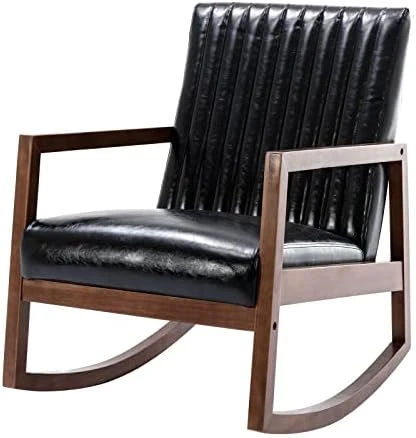 HNY Mid Century Rocking Nursery Chair With Wood Frames, Faux Leather Upholstered Farmhouse Living Room Armchair, For Living Room Bedroom, Light Brown 11 HNY Mid Century Rocking Nursery Chair With Wood Frames, Faux Leather Upholstered Farmhouse Living Room Armchair, For Living Room Bedroom, Light Brown - Image 11