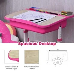 GLACER Kids Desk And Chair Set, Height Adjustable Children Study Writing Desk Set W/Tilted Desktop, Storage Drawer & Metal Hook, Ergonomic Student School Desk Chair Set For 3-14 Years Old (Pink) -Best Furniture Store 41VhV2Y3wxL