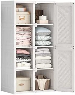 Portable Closet Clothes Wardrobe Plastic Bedroom Armoire Depth Cube Storage Organizer With Hanging Rod And Doors 4-15 Cubes White（15 Grids, 11 Doors, 2 Hangers(w15-d11-h2) -Best Furniture Store 41W1OadD09L. AC