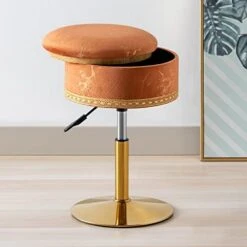 Leather Storage Ottoman Vanity Stool, 18" To 23" Height Adjustable Foot Stool Upholstered Round Footrest Coffee Table Top Cover, Modern Accent Stools,360° Swivel Makeup Stool For Living Room Bedroom -Best Furniture Store 41W3nSoRCDL. AC