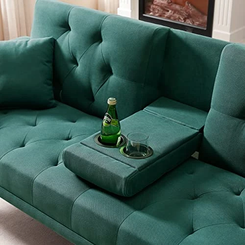 GENERIC Loveseat Linen Convertible Sofa And Daybed Futon Sleeper Bed With Cup Holder Design Green Casual Glam Solid Fabric Manual Recline 3 GENERIC Loveseat Linen Convertible Sofa And Daybed Futon Sleeper Bed With Cup Holder Design Green Casual Glam Solid Fabric Manual Recline - Image 3
