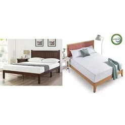 Adrian Wood Rustic Style Platform Bed With Headboard/No Box Spring Needed/Wood Slat Support, King & 12 Inch Gel-Infused Green Tea Memory Foam Mattress, King