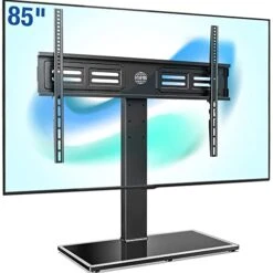 FITUEYES Universal TV Stand/Base Swivel Tabletop TV Stand With Mount For 50 To 85 Inch Flat Screen TV 100 Degree Swivel, 4 Level Height Adjustable,Tempered Glass Base,Holds Up To 143lbs Screens