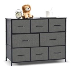 Deep Grey Fabric Dresser Storage Organizer 8-Drawer Closet Shelves, Dressers Storage Chest For Bedroom, Living Room, Hallway & Nursery With Easy Pull Fabric Bins Wood Top