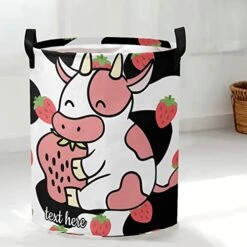 Custom Name Strawberry Cow Pattern Storage Bin Waterproof Nursery Storage Basket With Durable Handles Dirty Clothes Hamper For Bedroom Bathroom