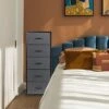 Vertical Dresser Storage Tower, Steel Frame, Wood Top, Easy Pull Textured Fabric Bins - Organizer Unit For Bedroom, Hallway, Entryway, Closets - 5 Drawers- CHARCOAL