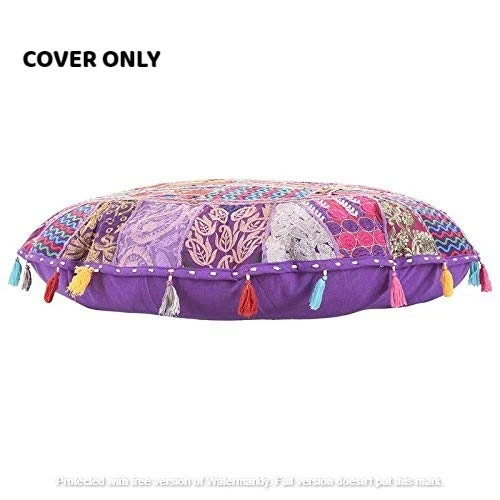KLAVATE Indian Handmade Vintage Patchwork Cotton Boho Chic Bohemian Hand Embroidered Decorative Ethnic Foot Stool Round Floor Pillows & Cushion Cover Seating Pouf Ottoman (Purple, 18 Inch) 2 KLAVATE Indian Handmade Vintage Patchwork Cotton Boho Chic Bohemian Hand Embroidered Decorative Ethnic Foot Stool Round Floor Pillows & Cushion Cover Seating Pouf Ottoman (Purple, 18 Inch) - Image 2